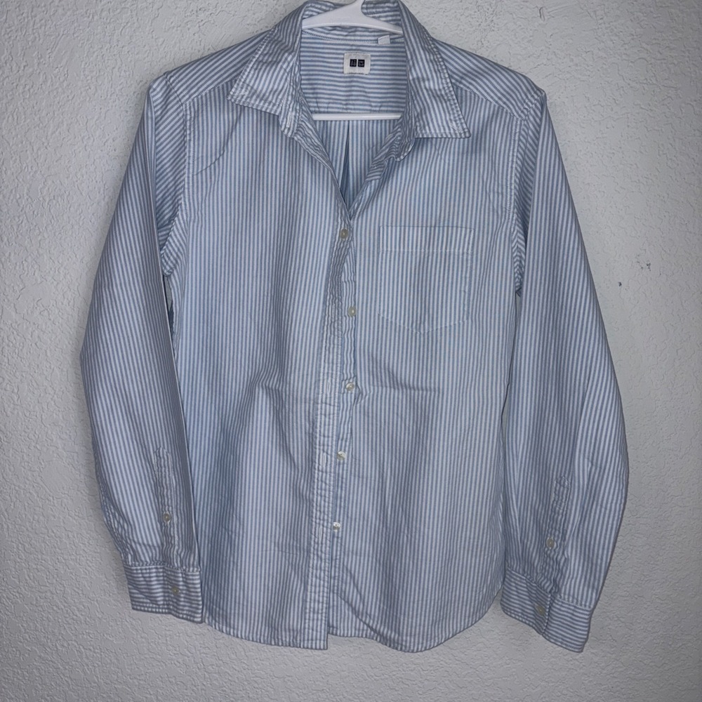 Uniqlo Coastal Stripe Woman's L Basic Button Down Preppy Shirt 100% Cotton